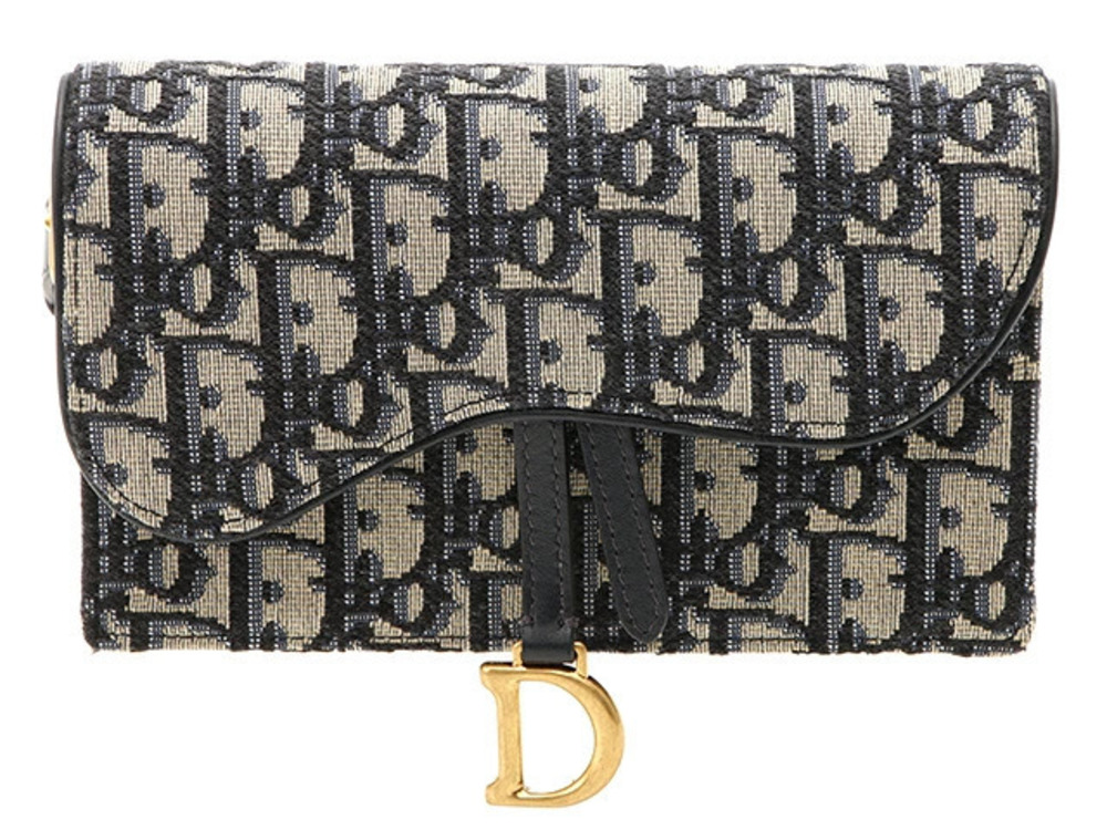 Christian Dior Oblique Saddle Belt Bag Navy Blue Beige Cream Canvas Leather